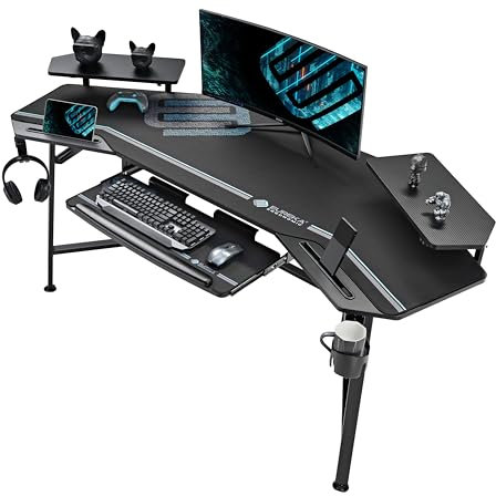 EUREKA ERGONOMIC Gaming Desk with LED Lights 182 x 76cm Wing Shaped Computer Desk Large Office Computer Workstation PC Table w Keyboard Tray Monitor Stand Dual Headphone Hanger Cup Holder