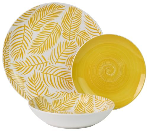 DRW Service de table 18 pièces en porcelaine avec feuilles jaunes 27 x 27 x 4 cm