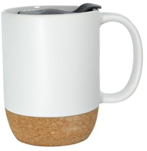 Fxwtich Ceramic Coffee Mug w/Lid and Cork Coaster Base - 12oz Coffee Cup, Insulated 350ml Matte Grip Handle Cork Bottom Detachable Dustproof Lid, Heat-resistant Tea, Milk