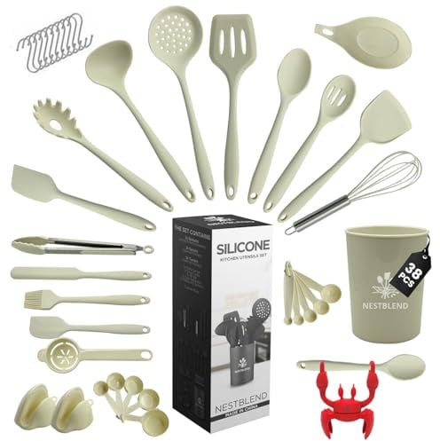 NestBlend Nonstick Biege Kitchen Utensils Set - 38 Pieces Kitchen Utensil Set - Kitchen Gadgets Cookware Set - Cooking Utensils Silicone Kitchen Set - Utensils Set with Holder Heat Resistant (Biege)