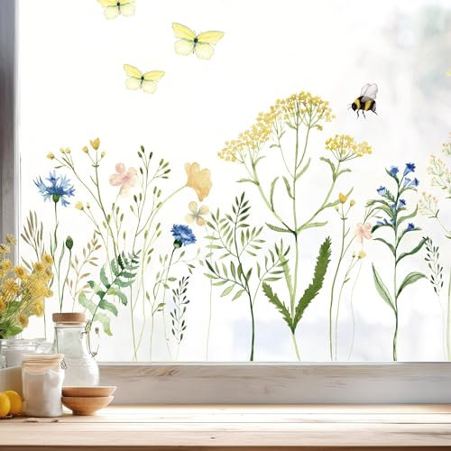 Wandtattoo Loft Fensterbilder Frühling mit Feldblumenwiese Frühling Motiv – A4 Bogen, Wiederverwendbar – Frühlingsdeko Fenster, Frühlingsbild Fenster, Fensterdeko Frühling, Fensterfolie Frühling