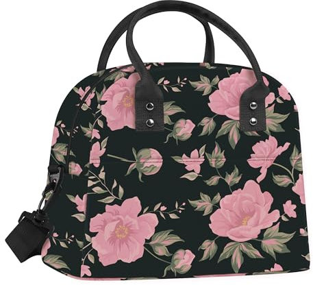 Clastyle Sac Isotherme Repas Femm Feuilles de Plantes Sac Gamelle Travail Portable mit Bandouliere pour Pique Nique,Fleur Rose
