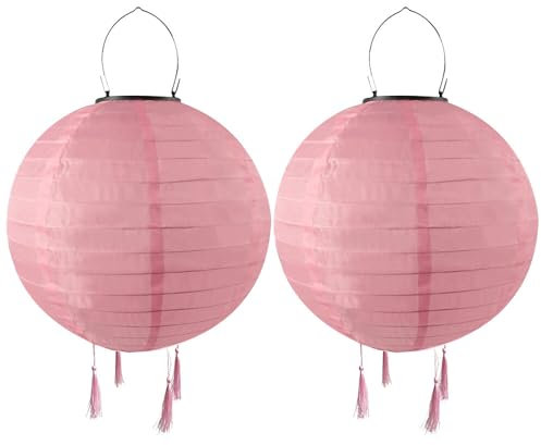 NAVESO Solar Lampions Außen Wetterfest Rosa, 2 Stück 20cm Lampions Solar Outdoor mit 4 Quasten, Solarlampions für Außen Wetterfest, LED Lampions Outdoor Solar, Gartenlaterne Hängend, Balkon Deko