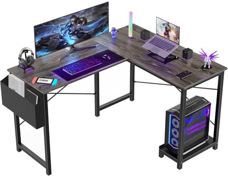 Sweetcrispy L-förmiger Schreibtisch, Gaming-Computer, 127,7 cm, wendbarer Eck-PC-Arbeitstisch zum Schreiben, Studium, Studenten, mit Holztischplatte, Metallrahmen, CPU-Ständer, Seitentasche für