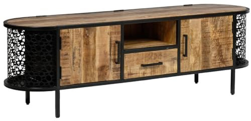 Meuble TV 160 cm 2 Portes 1 tiroir 1 Niche en Bois de manguier Massif et métal Noir ajouré Plateau abattant – Style Industriel – MANHO