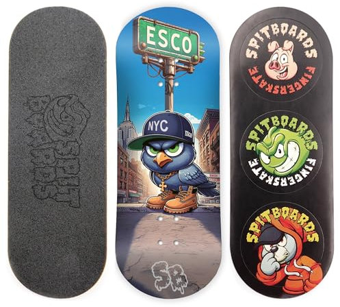 SPITBOARDS 34mm Fingerboard Deck - Real Wood (5-Layers) Classic Popsicle Street Shape - Size: 34 x 96 mm - Single Graphic Deck (Real Wear) - Optimized Concave - ESCO Pro Model