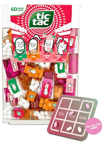 TicTacToe Travels Reiseset – 60 Mini Boxen à 3,8 g, Erdbeere, Minze & Orange mit TicTacToe Spiel - Mini Süßigkeiten, ideal für Kindergeburtstag, Mitgebsel & Werbegeschenke