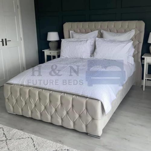 H&N FUTURE BEDS | 54” Tall Wingback Chesterfield Bed Frame Plush Velvet Ottoman StoragePocket Sprung Mattress(3ft, 4ft,4ft6”,5ft,6ft) (Silver Plush without mattress, 4FT6 Double without Gaslift)