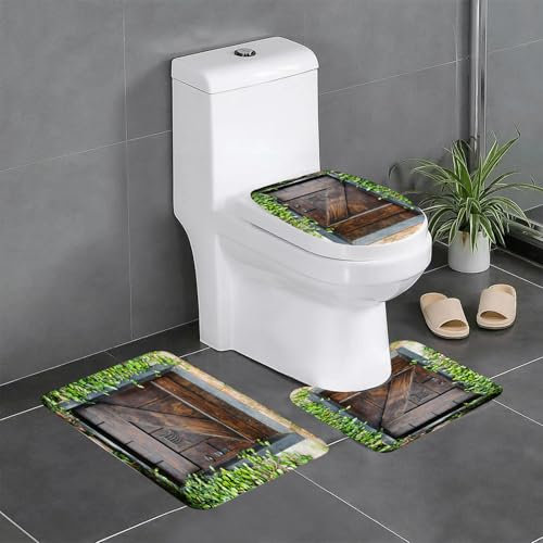 EYLOZS Bathroom Set, Rugs Sets 3 Piece,Anti-Slip, Rustic Set,Small Spanish Style Dark Stained Wood Door Secret Garden with Grated Wi,Absorbent Bath Mat for Tub, Shower, Room, Kitchen