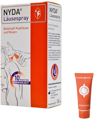 NYDA Läusespray gegen Kopfläuse und Nissen, 10 Minuten Einwirkzeit, inklusive Läusekamm, für Babys, Schwangere und Stillende I Sparset mit Duschgel von Pharma Perle (1 x 50 ml)