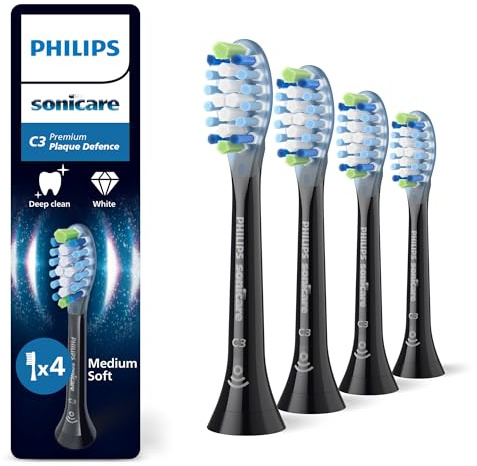 Philips Sonicare C3 Premium Plaque Defence, Genuine Replacement Toothbrush Heads, Black, 4 Pack, HX9044/88