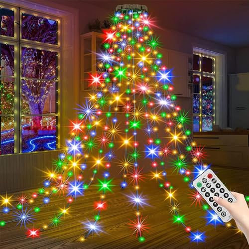 Lumières de Cascade d'Arbre de Noël Avec Anneau, Guirlande Lumineuse 1.5M 200 LEDs 8 Modes pour Sapin, Décoration d'Arbres (Coloré)