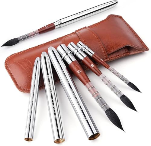Reise Aquarellpinsel - 3er Professionell Natürlich Eichhörnchenhaar Reisepinsel mit Ledertasche für Aquarell,Wasserfarben | Hoher Farbtragekapazitat & Exzellenter Sprungkraft | Echthaar Reisepinsel