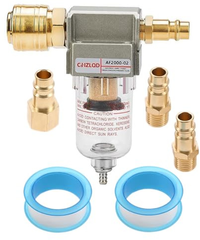 1/4 Air Pressure Regulator - Water and Oil Trap Separator for Air Tools | Compressor Air Line Filter, Pneumatic Tool with Quick Couplings and Sealing Tape for Air Line Replacement