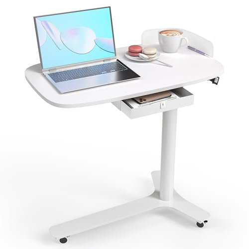 WALKINGDESK Beistelltisch C Form Höhenverstellbar mit Rollen, Mobiler Schreibtisch mit Schubladen, Kleiner Laptoptisch höhenverstellbarer, Pneumatisch Stehpult für Sofa Bett Wohnzimme, Weiß