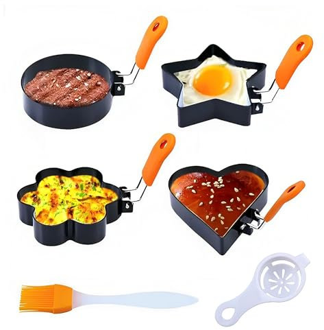 Egg Rings for Frying, 4 PCS Stainless Steel Egg Rings, Egg Shaper Fried Egg Cooking Rings with Oil Brush Strainer Spoon for Pancakes Breakfast Omelette Sandwich(4 Shapes)