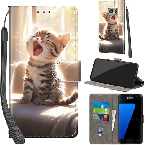 Handyhülle für Samsung Galaxy S7 Klapphülle Leder Wallet Katze | 3 Kartenfächer & 1 Geldfach, Magnetverschluss, Ständerfunktion, robuste premium PU leder klapphülle für Samsung S7
