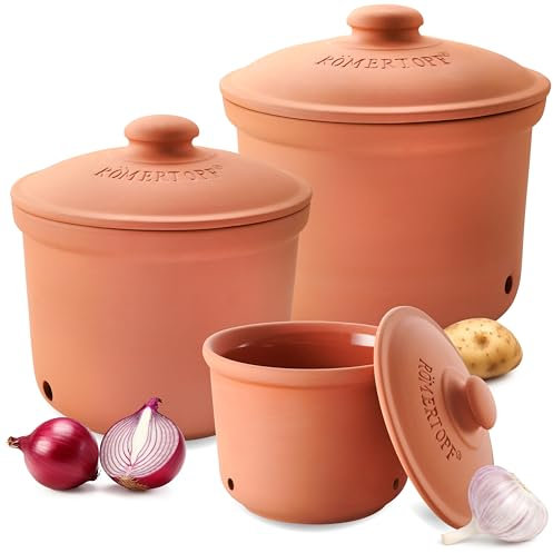 Römertopf Frische-Topf 3er Set - Knoblauch, Zwiebel und Kartoffel Aufbewahrungsbox Keramik - Atmungsaktiver Ton hält Gemüse länger frisch - Terrakotta