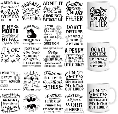 Eiapadeor Sarcastic Rub on Transfers for Crafts - 20 Sheets Funny UV DTF Cup Wraps, Black Humorous Theme UVDTF Wraps, Waterproof Rub on Decals for DIY Glass Cups Mug Tumbler