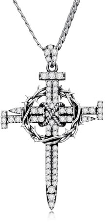 PDTJMTG Unghie Croce Catena per Uomini, Argento 925, Pave CZ Corona di Spine, Crocifisso con Tre Chiodi Collana Pendente, Gioielli Cristiani per Padre e Figlio