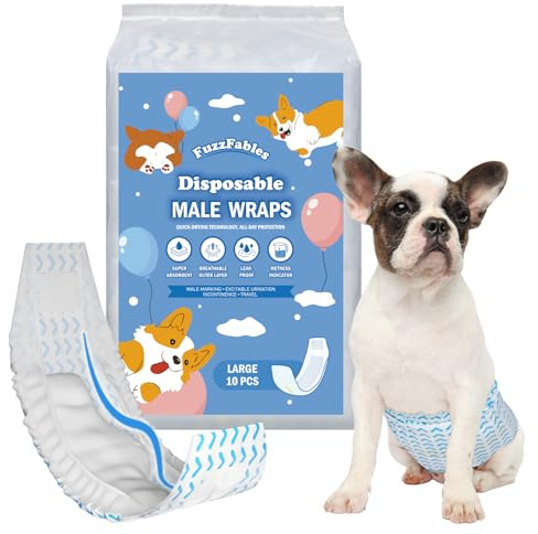 FuzzFables Dog Diapers Male 40 Count, Disposable Male Dog Wraps with Wetness Indicator, Wider Belly Bands for Puppy, Absorbent and Leakproof, Excitable Urination Incontinence Protection L