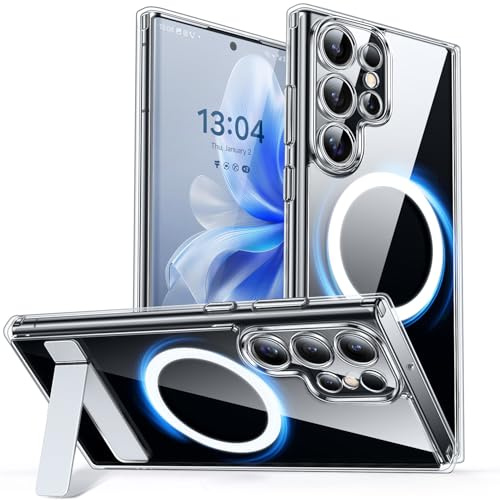 CANSHN Funda Magnética para Samsung Galaxy S22 Ultra con Soporte Ajustable, [Protección Total de La Cámara] Carcasa Protectora Antigolpes con Airbag 6.8 Pulgadas,Transparente