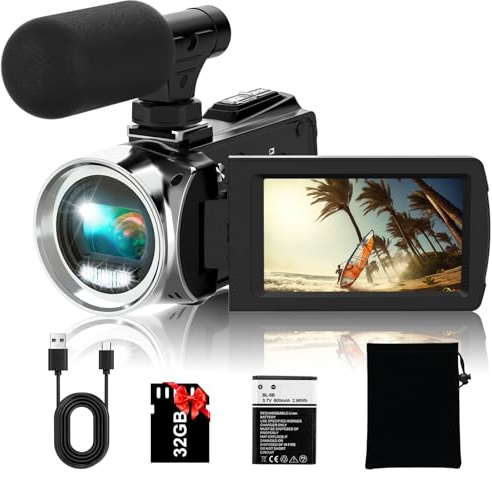 Rawiemy Videokamera, Camcorder, FHD, 2,7 K, 36 MP, Vlogging-Kamera für YouTube-Videorecorder, 3 Zoll, 270 Grad drehbarer Bildschirm, Videokameras zum Filmen mit Mikrofon, 32 GB SD-Karte und 2