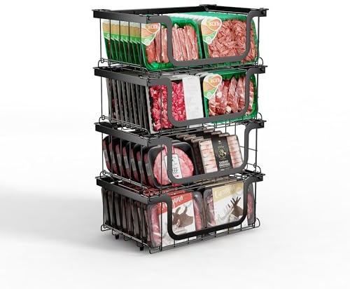 Elayu 4er Stapelbar Gefriertruhe korb,gefriertruhe organizer,gefrierschrank organizer,stapelkörbe,Schwarz, 40L x 33B x 20H CM