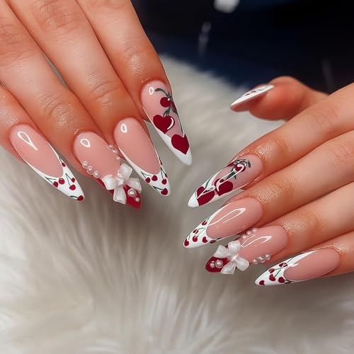 Press On Nails, Almond French Tip False Nails, Pink Cherry And Bow Design | Glossy Full-Cover Tips, Multiple Tip Sizes, Raised Bead-Like Details, For Manicures At Home, Parties And Everyday Wear