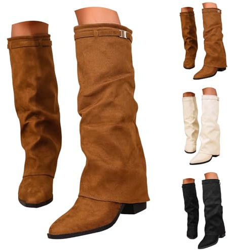 Figdews Overknees Stiefel Damen Stiefel mit Absatz Kniestiefel Damen Fold Over Shark Boots Overknees Blockabsatz Übergangsstiefel Dressy Kniestiefel Mittelalter Schuhe Retro Damenstiefel