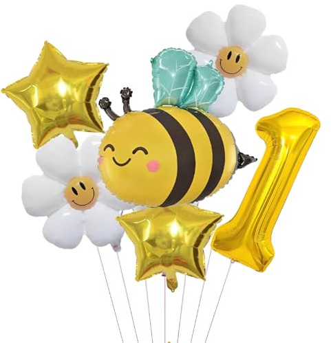 Geburtstagsdeko 1 Jahr Mädchen mit Biene Gänseblümchen Folienballon, Deko 1. Geburtstag Mädchen Junge, Gold Luftballon 1. Geburtstag Deko Set mit Zahl 1 Ballon, Geburtstage Mädchen Deko Geschenk Party