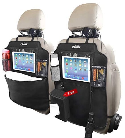 Oasser Kick Mats Rückenlehnenschutz, Autositz-Organizer, 2 Stück, XL, mit 1 Taschentuchbox, transparent, 25,4 cm, iPad-Halter, 3 große Auto-Organizer und Aufbewahrung