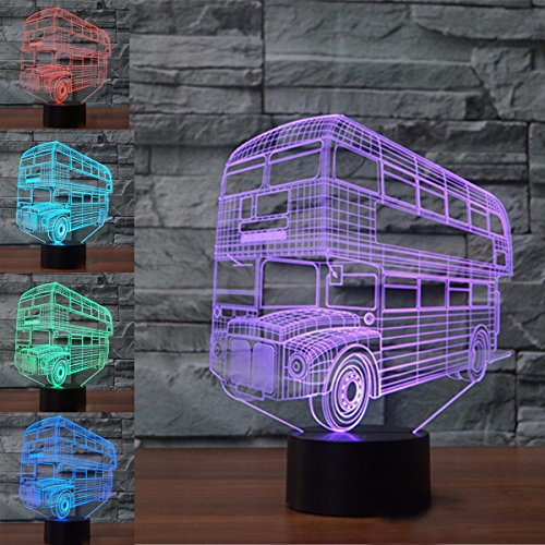 KINGCOO 3D Optical Illusion Lampe LED Nachtlichter, 7 Farben ändern Touch LED Lampe Romantische Atmosphäre für Haus Dekoration Hochzeit Geburtstag Weihnachten Valentine Geschenk (Doppeldecker-Bus)