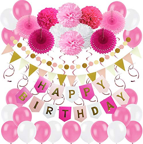 ZERODECO Geburtstagsdeko, Happy Birthday Wimpelkette Banner Girlande mit Pompoms Papier Girlande Fans Fächer Dreieckige Wimpel Spiral Girlanden und Luftballon - Rosa