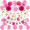 ZERODECO Geburtstagsdeko, Happy Birthday Wimpelkette Banner Girlande mit Pompoms Papier Girlande Fans Fächer Dreieckige Wimpel Spiral Girlanden und Luftballon - Rosa