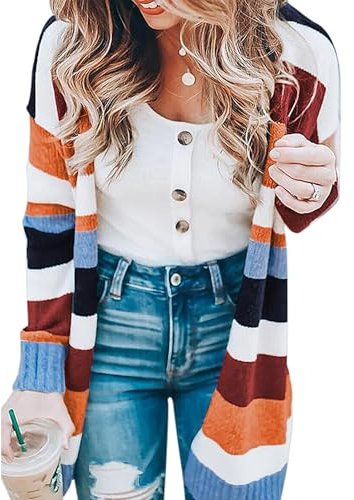 ECOWISH Damen Strickjacke Colorblock Gestreift Drapiert Kimono Cardigan Langarm Offene Vorderseite Casual Knit Sweater Mantel Outwear, blumenmuster, Groß