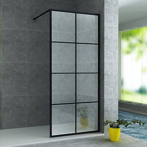 ALONI Walk In Duschwand ESG Sicherheitsglas 8 mm Nano Beschichtung begehbare Dusche Glaswand Badezimmer Duschabtrennung mit Stabilisationsstange 200 cm Höhe 80 cm Breite Schwarz Matt