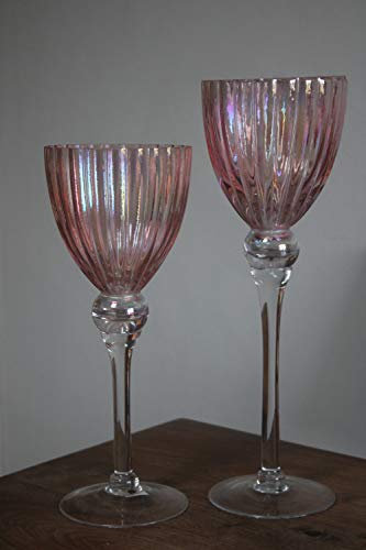 2 Windlichter Glossy auf Fuß im Set, Höhe 30 und 35 cm, rosa schimmernd, Kerzengläser