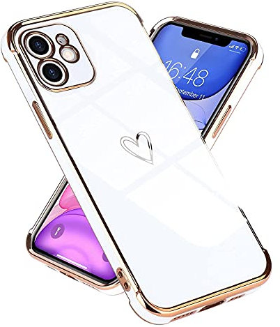 Micoden for iPhone 12 Case Cute Girls Silicone Heart Pattern Design Case Fashion Plating Edge Ultra Thin Shockproof Protective Bumper Phone Case for iPhone 12 White