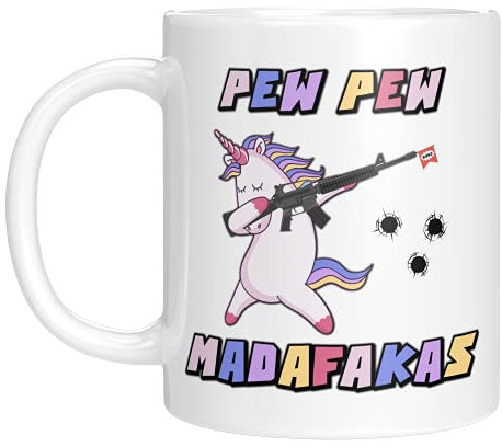 TassenTicker - Tasse mit Spruch - Pew Pew Madafakas - schießendes böses Einhorn - Kaffeetasse - beidseitig Bedruckt - Geschenk (Weiss)
