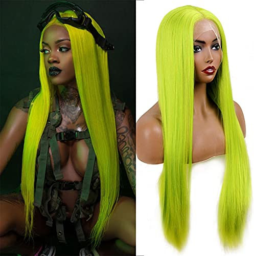 ZYC Gerade Neongrün Synthetische Spitze Front Perücken Hochtemperatur Glueless Kylie Jenner Style Cosplay Perücken für Schwarze Frauen,24 inches