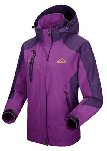donhobo Damen Regenjacke Wasserdicht Atmungsaktiv Winddichte Funktionsjacke Outdoor Wandern Jacke Softshelljacken Mäntel mit Abnehmbare Kapuzen (Lila, XL)