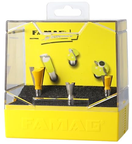 FAMAG Grat- und Zinkenfräser Set | 3-teilig : 12,7x12,7 mm, 14,3x12,7 mm & 22x22 mm | Für Verbindungsnuten & Gratnuten | 2 HM-bestückte Schneiden mit 14° Winkel | Kunststoff-Box | 3104.903
