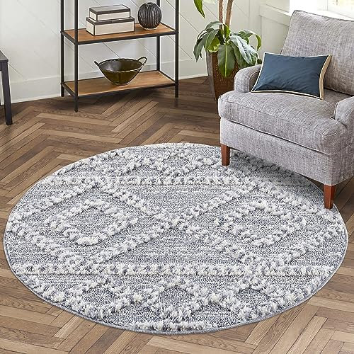 carpet city Teppich Hochflor Wohnzimmer - 200x200 cm Rund - Landhaus-Stil Ethno Grau - Cut-Loop, Hochtief, 3D-Effekt - Shaggy Teppiche Flauschig-Weich Schlafzimmer Langflor