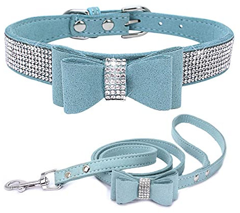 Hundehalsband und Leine, Set mit Fliege, mit Strasssteinen, Schleife, Kristalldiamanten für XXS, XS, kleine, mittelgroße und große Hunde, Haustier, Jungen, Kätzchen, Mädchen, Katze, Hellblau, XS