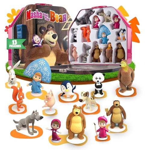 Luppa Mascha und der Bär Kollektion: 13 Figuren und tragbare Metallbox aus dem Haus des Bären - Set von Mascha und der Bär Kinderspielzeug - Geschenke für Mädchen