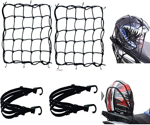 xutong Filet à Bagages Elastiques,2pcs Filet Moto, Filet Araignée Moto +2pcs Tendeur Velo Porte Bagage avec Crochet pour Vélo Moto Net Moto Filet Transport pour Fixer Casque Bagage Sac (Noir)