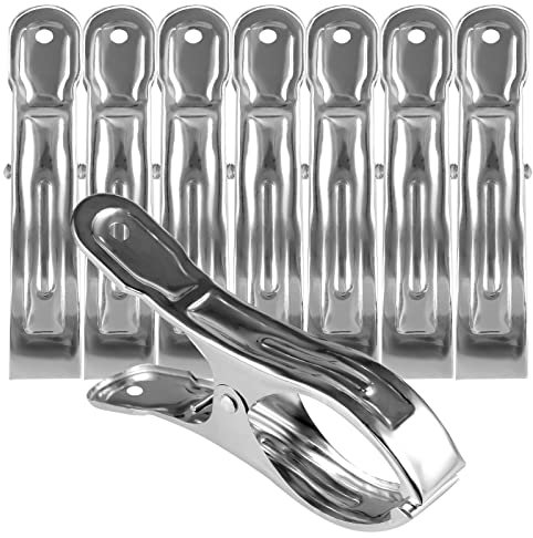 Lanjue 8 Pack 12cm Beach Towel Clips, Large Stainless Steel Sunbed Towel Pegs Laundry Clip Clamps Hanging Clothes Pegs Quilt Clothespins for Heavy Clothing Sun Lounger(Silver)