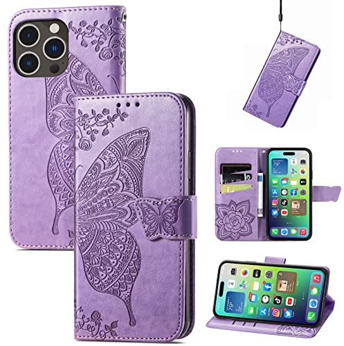 JIUNINE Cover per Apple iPhone 14 Pro Max, Custodia Interno TPU Antiurto Portafoglio con Disegni di Farfalla [Carta Fessura] [Supporto Stand] Cover Libro in PU Pelle, Viola