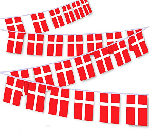 30 Stück Danmark-Flaggen-Schnur, 90 m, dänische Wimpelkette, Dekoration Banner für den Innen- und Außenbereich, Terrasse, Hof, Dekoration